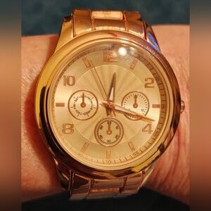 Rose Gold Metal Case Link Analogue Japan Movement Boyfriend Style Chunky Watch